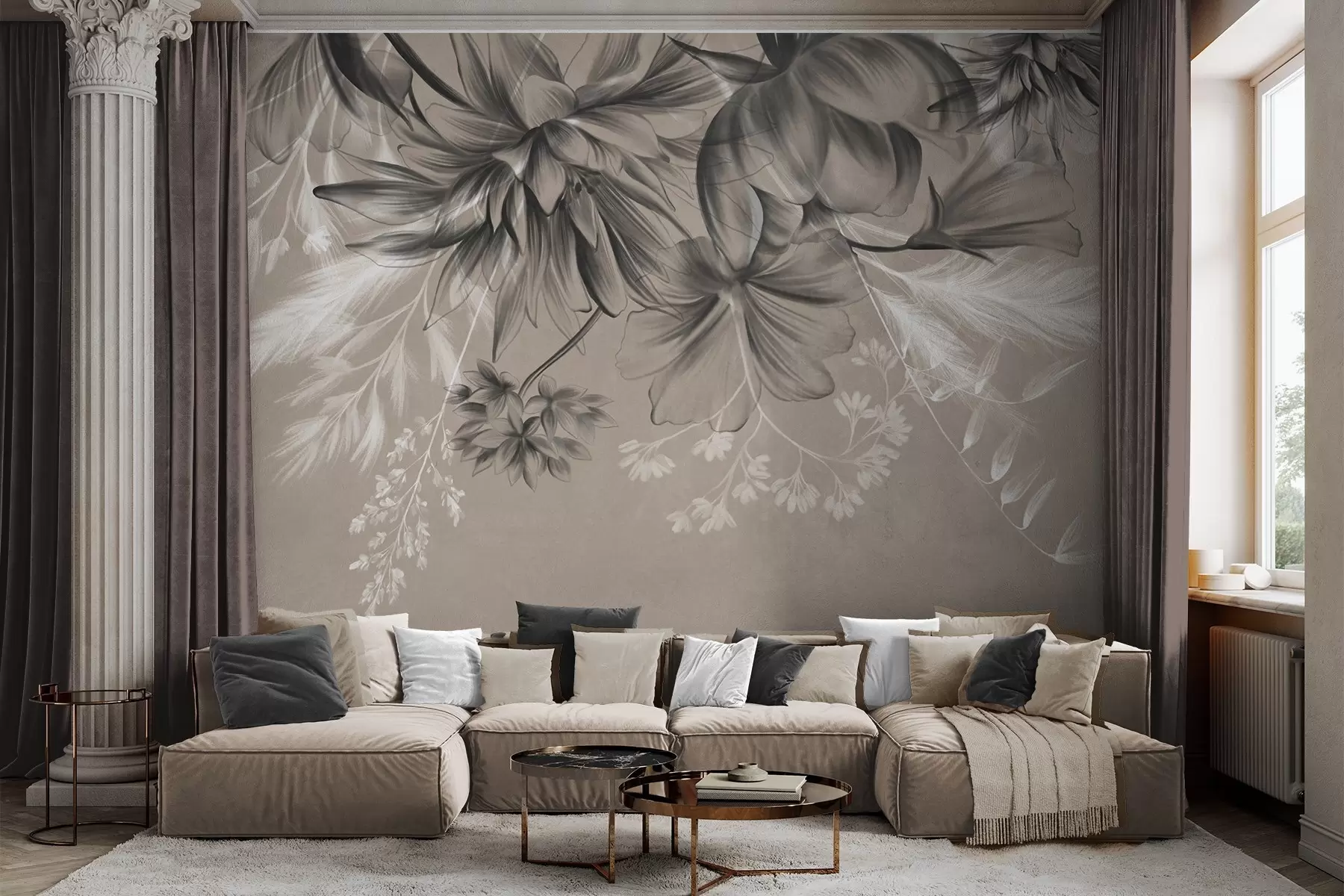 wall murals Textured flowers and ferns in shades of dark gray and white against a muted beige background drawing style w09644