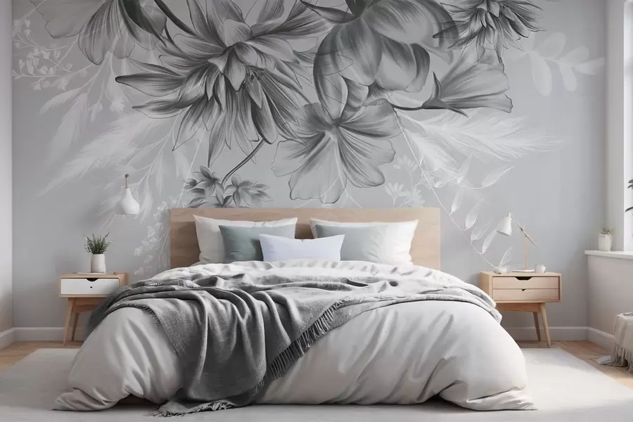 wall murals Textured flowers and ferns in shades of dark gray and white against a muted gray background drawing style w09644v1