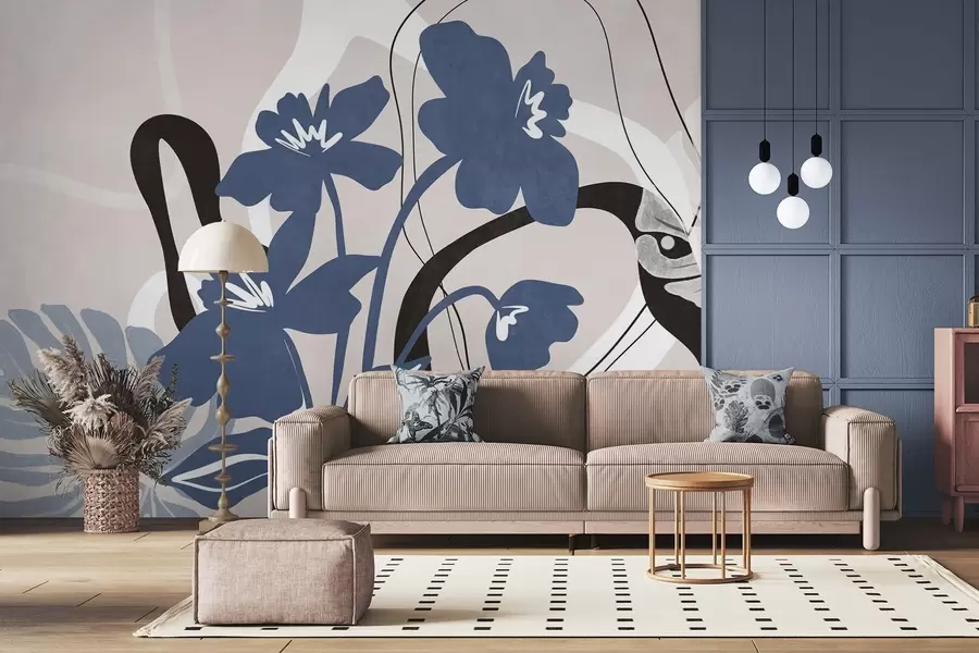 wall murals Abstract textured blue flowers with white and black shapes against a light beige background, minimalist art w09645