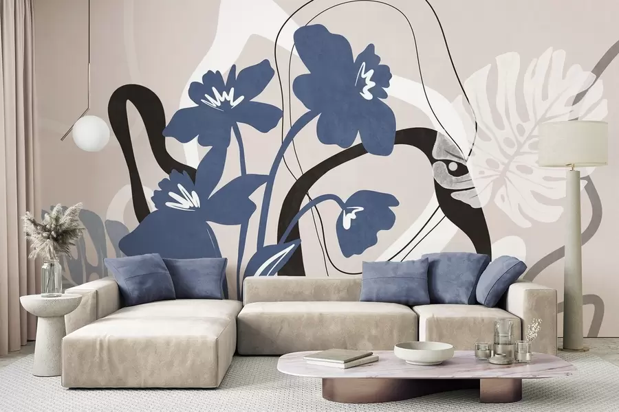 wall murals Abstract textured blue flowers with white and black shapes against a light beige background, minimalist art w09645