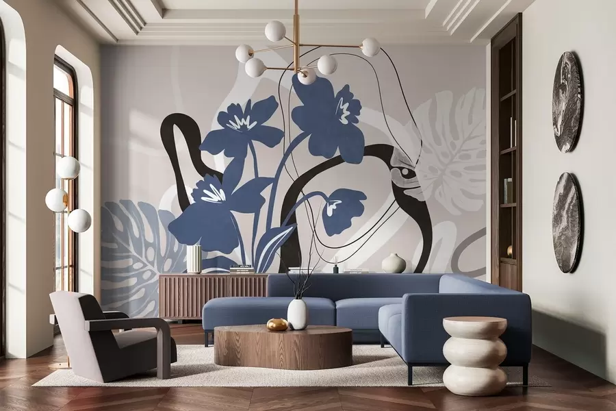 wall murals Abstract textured blue flowers with white and black shapes against a light beige background, minimalist art w09645