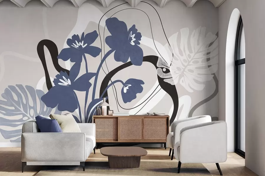 wall murals Abstract textured blue flowers with white and black shapes against a light beige background, minimalist art w09645
