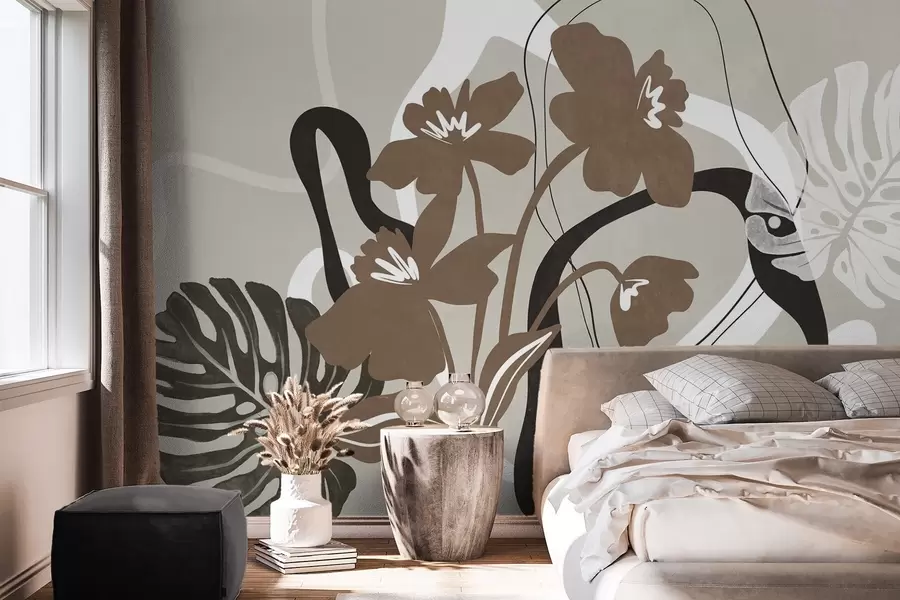 wall murals Abstract textured brown flowers with white and black shapes against a beige background, minimalist art w09645v1