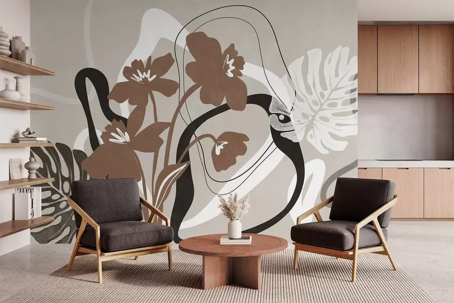 wall murals Abstract textured brown flowers with white and black shapes against a beige background, minimalist art w09645v1