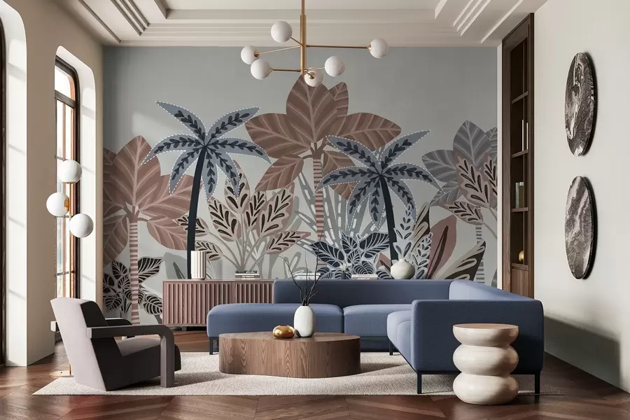 wall murals Textured tropical plants and palm trees with muted colors in decorative boho style against a gray background w09639v1