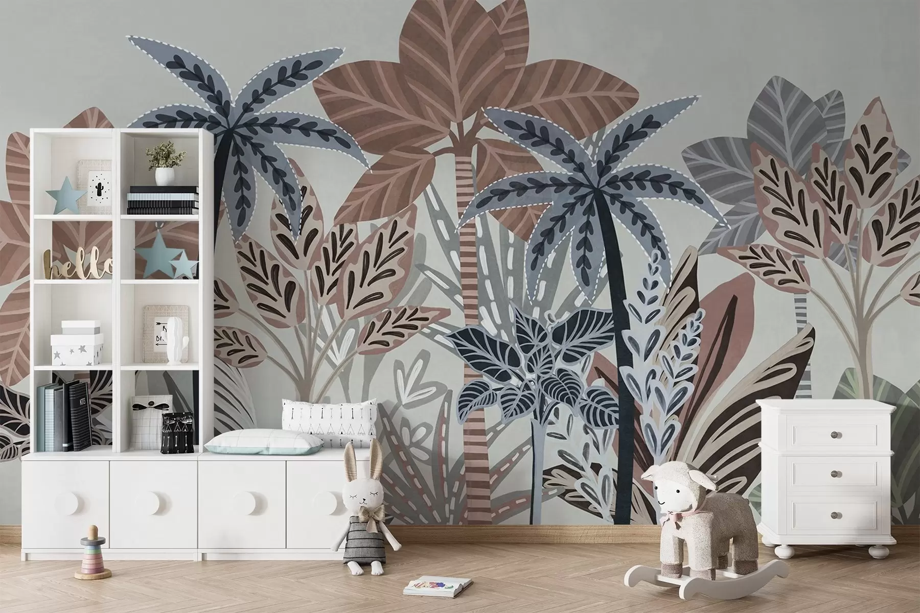 wall murals Textured tropical plants and palm trees with muted colors in decorative boho style against a gray background w09639v1
