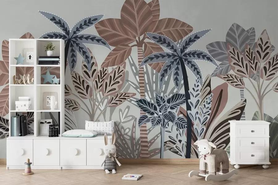 wall murals Textured tropical plants and palm trees with muted colors in decorative boho style against a gray background w09639v1