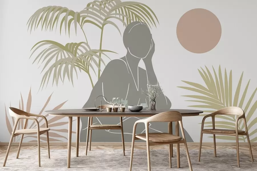 wall murals Silhouette of a woman and palm leaves w05190