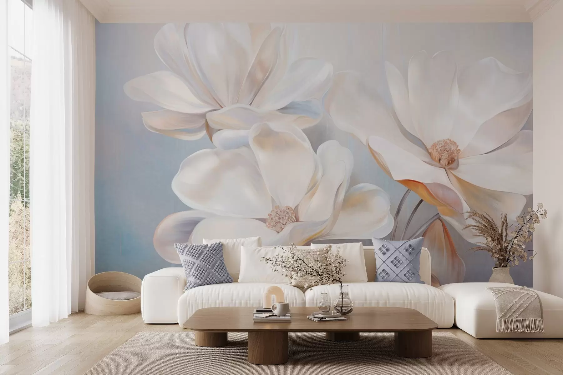 wall murals White fantasy magnolia flowers with delicate textured petals, a soft, abstract background w09373