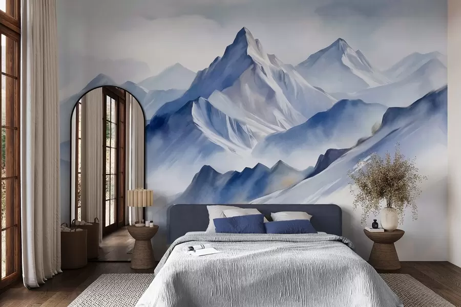 wall murals Textured snowy mountains with a soft, watercolor effect and a palette of blue and white w09630