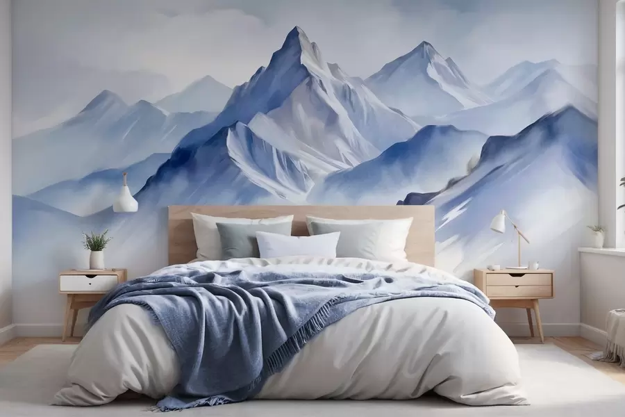 wall murals Textured snowy mountains with a soft, watercolor effect and a palette of blue and white w09630