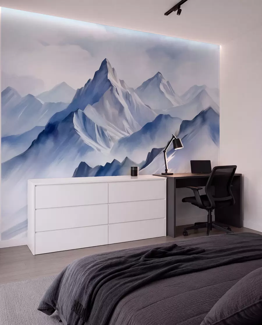 wall murals Textured snowy mountains with a soft, watercolor effect and a palette of blue and white w09630