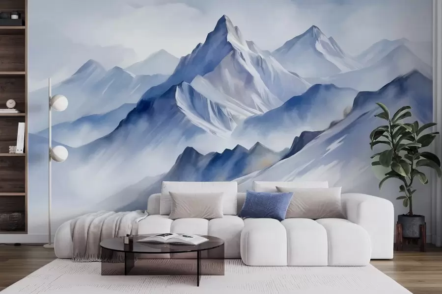 wall murals Textured snowy mountains with a soft, watercolor effect and a palette of blue and white w09630