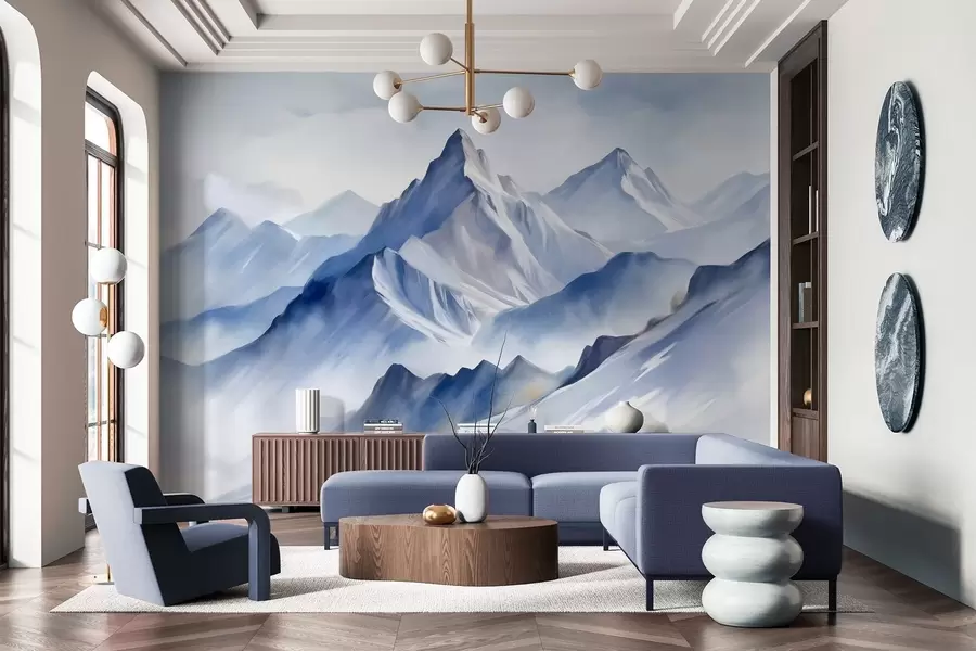 wall murals Textured snowy mountains with a soft, watercolor effect and a palette of blue and white w09630
