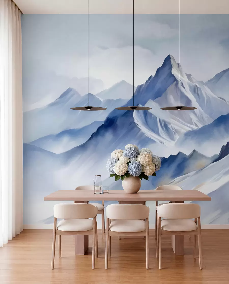 wall murals Textured snowy mountains with a soft, watercolor effect and a palette of blue and white w09630