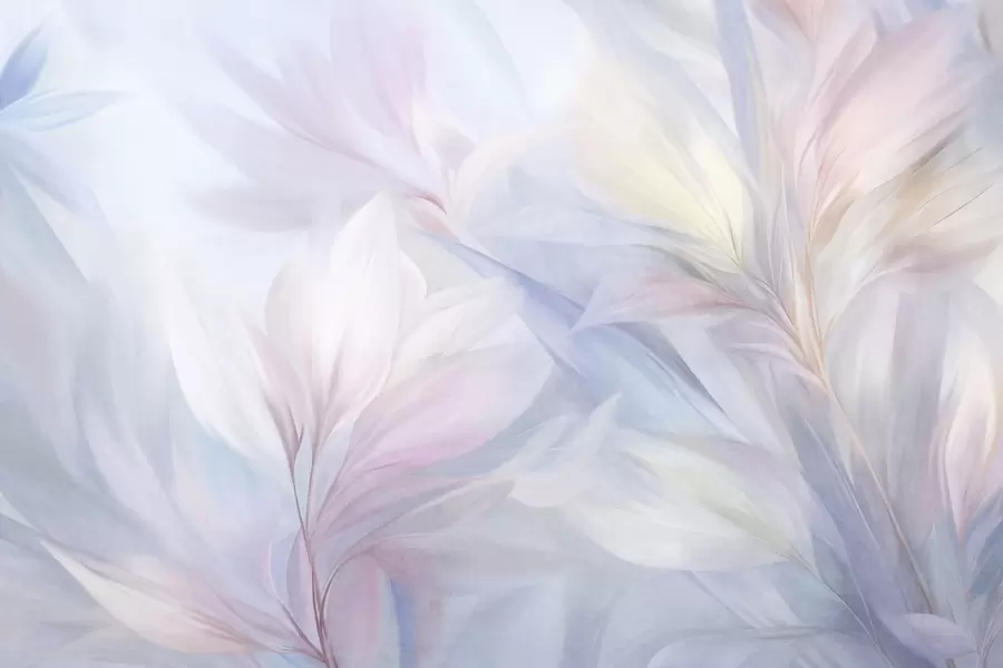 wall murals Soft, pastel-colored leaves and feathers in shades of pink, blue and yellow, abstract and textured print w09634