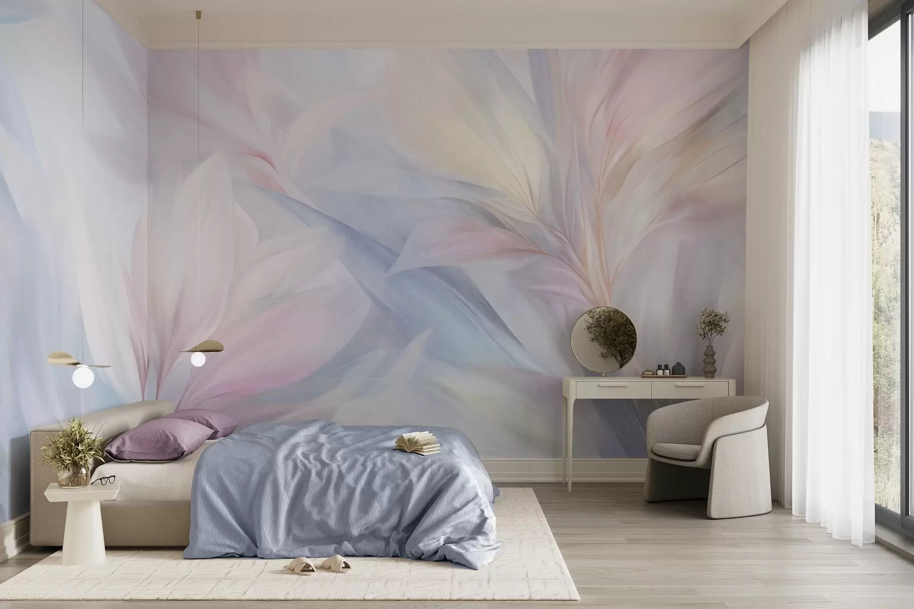 wall murals Soft, pastel-colored leaves and feathers in shades of pink, blue and yellow, abstract and textured print w09634