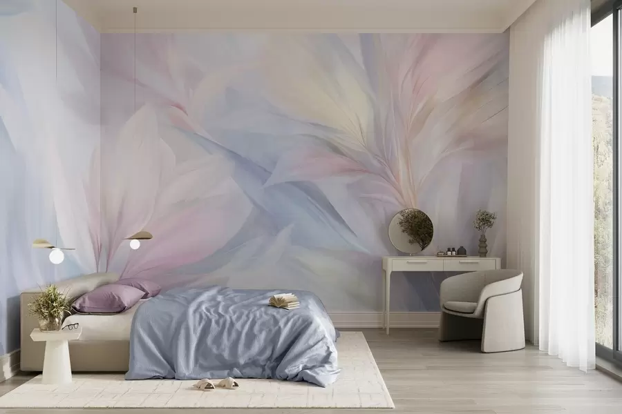 wall murals Soft, pastel-colored leaves and feathers in shades of pink, blue and yellow, abstract and textured print w09634