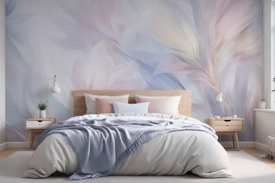 wall murals Soft, pastel-colored leaves and feathers in shades of pink, blue and yellow, abstract and textured print w09634