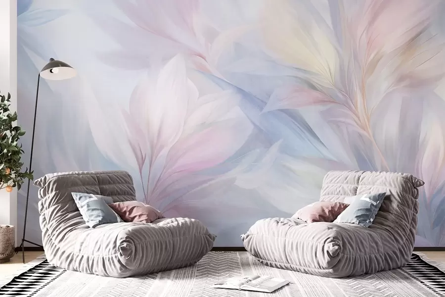 wall murals Soft, pastel-colored leaves and feathers in shades of pink, blue and yellow, abstract and textured print w09634