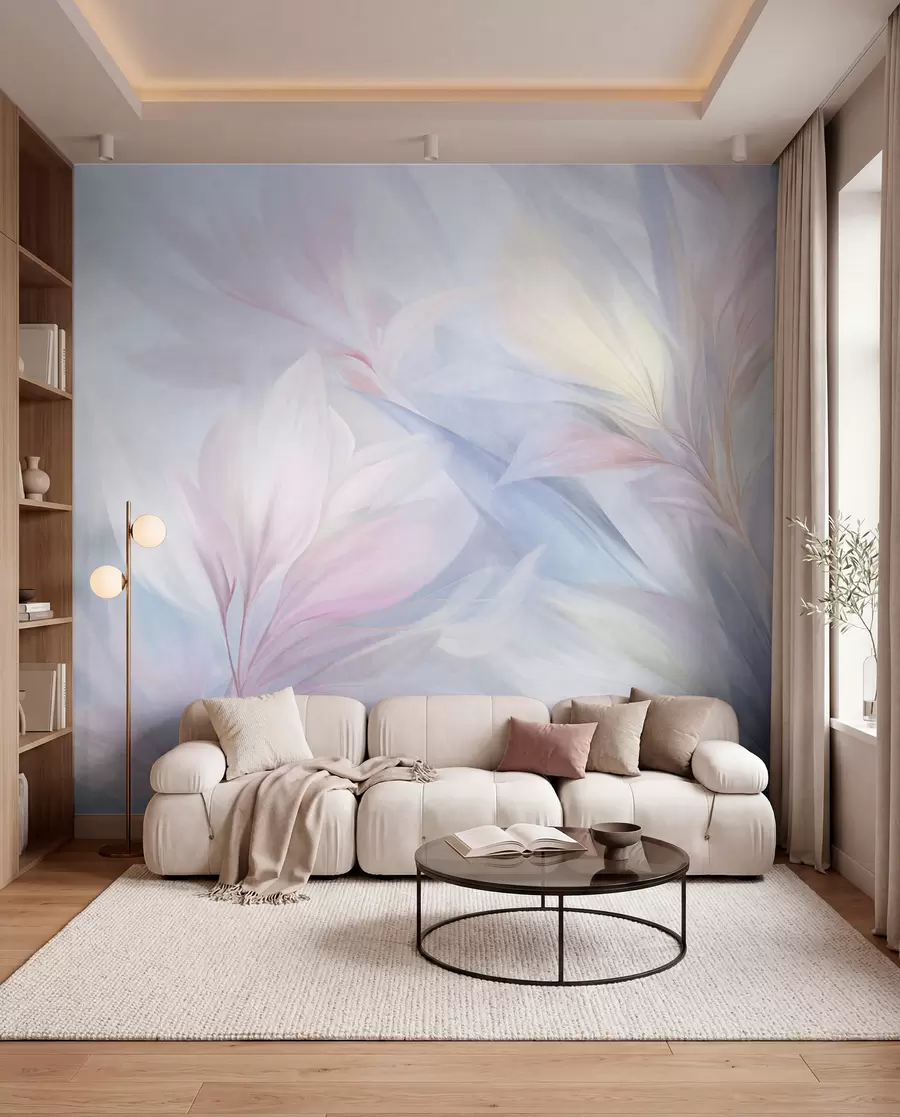 wall murals Soft, pastel-colored leaves and feathers in shades of pink, blue and yellow, abstract and textured print w09634