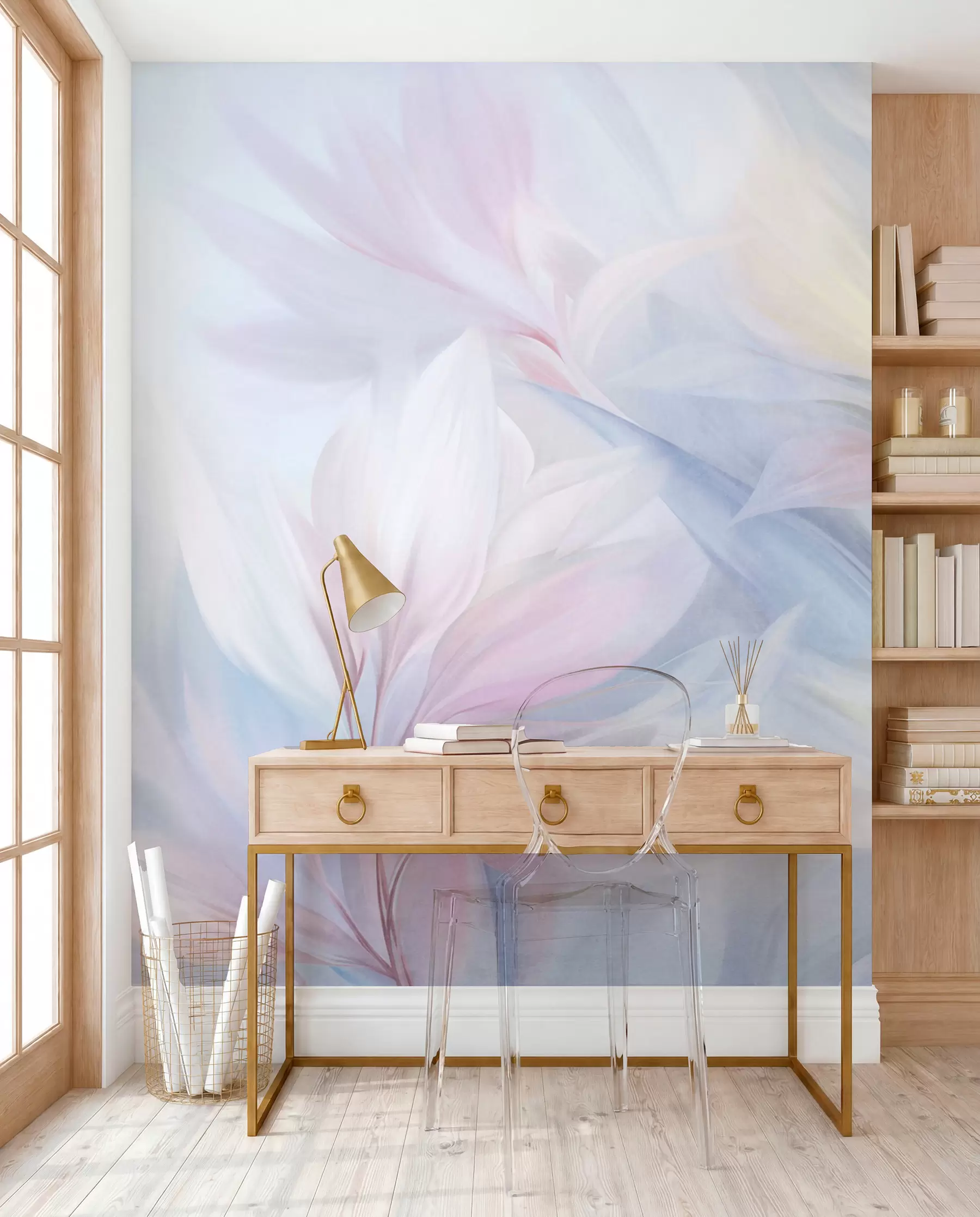 wall murals Soft, pastel-colored leaves and feathers in shades of pink, blue and yellow, abstract and textured print w09634