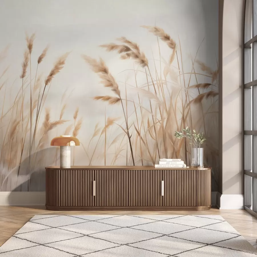 wall murals Tall, textured dry grass with ears of wheat in the field against a soft, pale background w09648