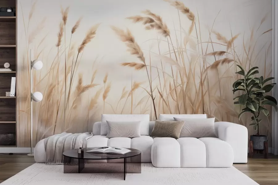 wall murals Tall, textured dry grass with ears of wheat in the field against a soft, pale background w09648