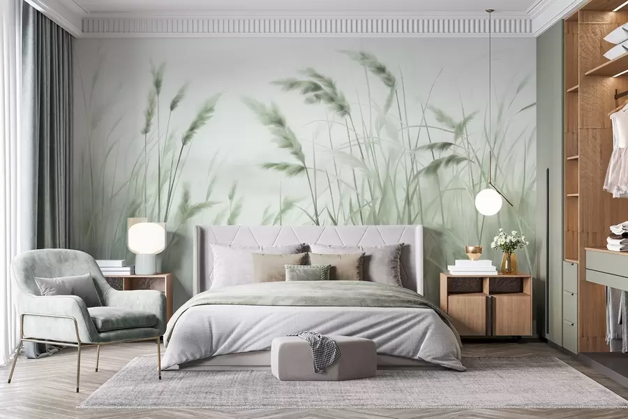 wall murals Tall, textured dry grass with ears of wheat in the field against a soft, pale background w09648v1