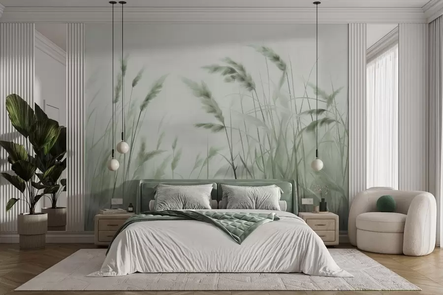 wall murals Tall, textured dry grass with ears of wheat in the field against a soft, pale background w09648v1