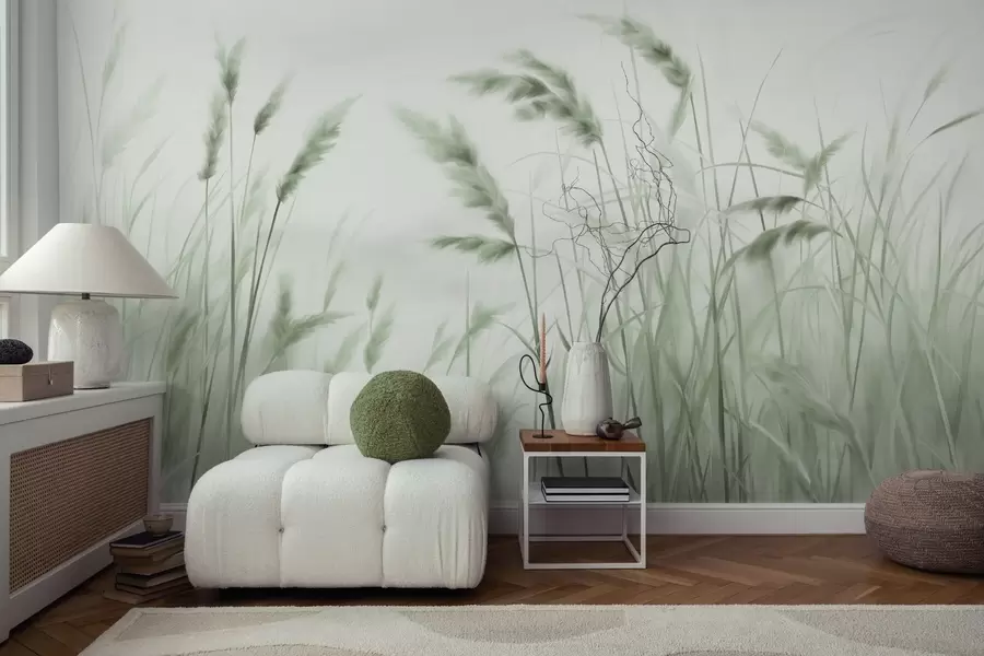 wall murals Tall, textured dry grass with ears of wheat in the field against a soft, pale background w09648v1