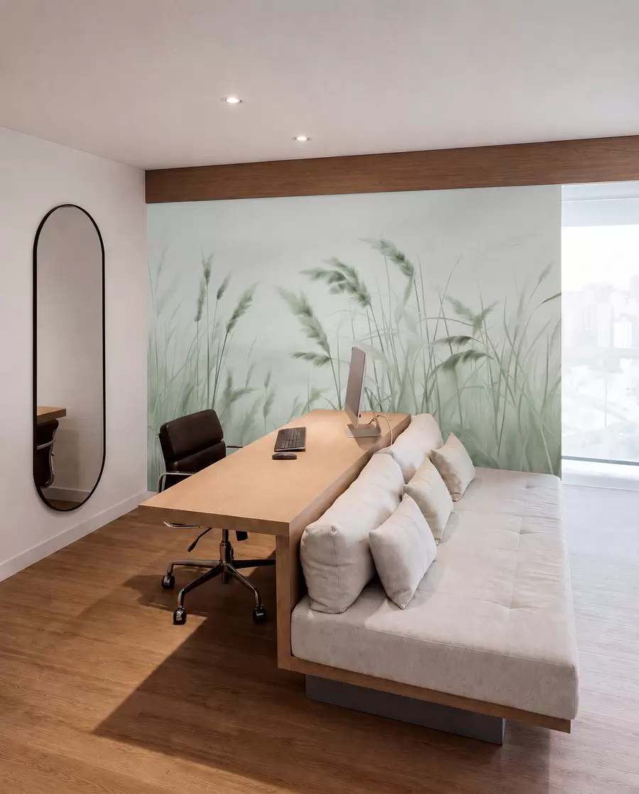 wall murals Tall, textured dry grass with ears of wheat in the field against a soft, pale background w09648v1
