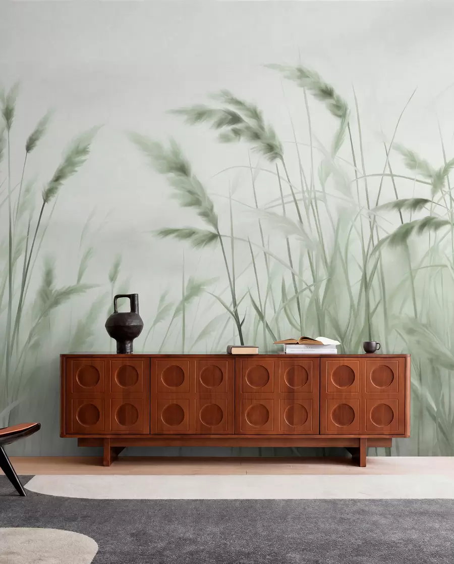 wall murals Tall, textured dry grass with ears of wheat in the field against a soft, pale background w09648v1