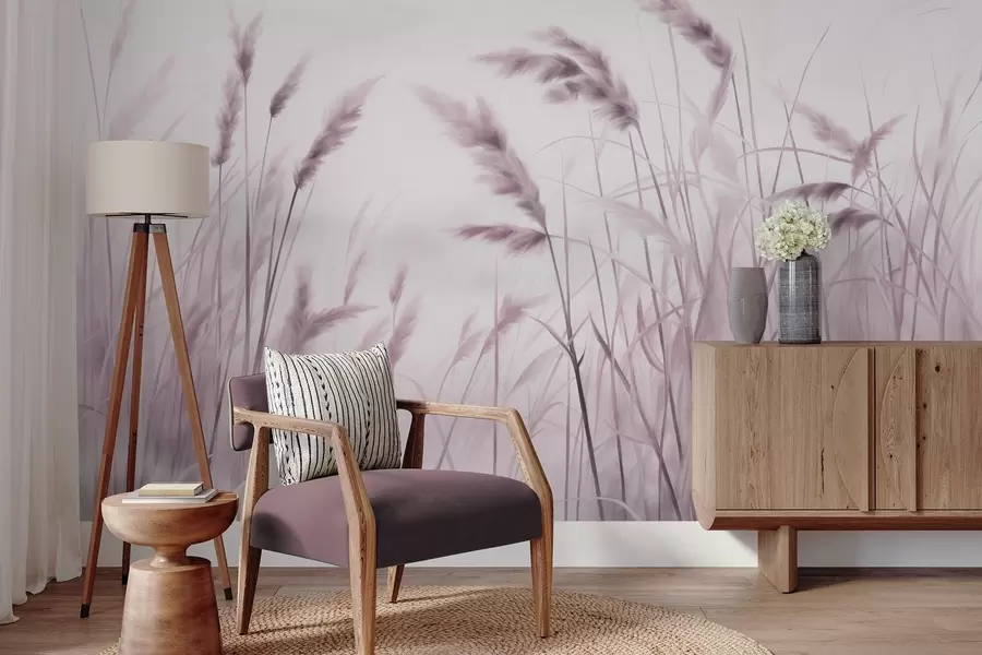 wall murals Tall, textured dry grass with ears of wheat in the field against a soft, pale background w09648v2