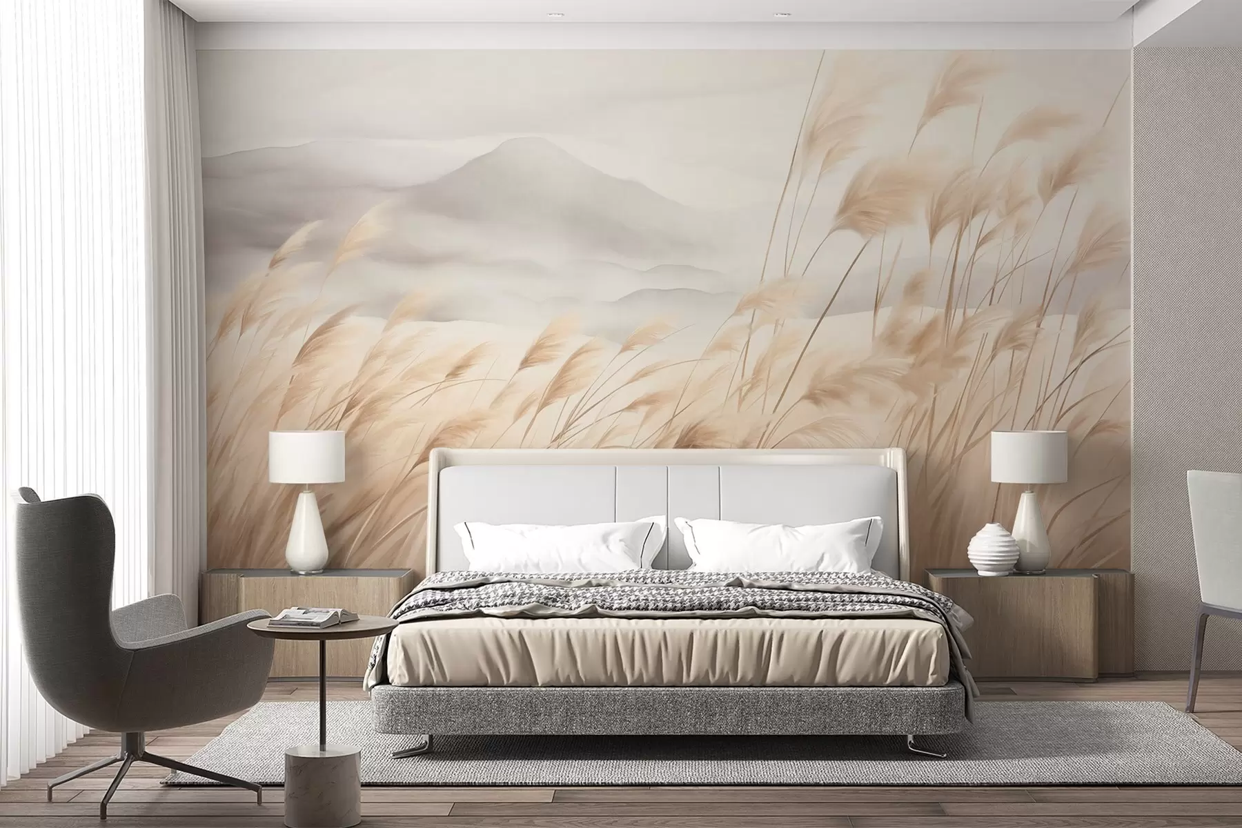 wall murals Textured mountain landscape with tall, dry grass under a hazy sky w09649