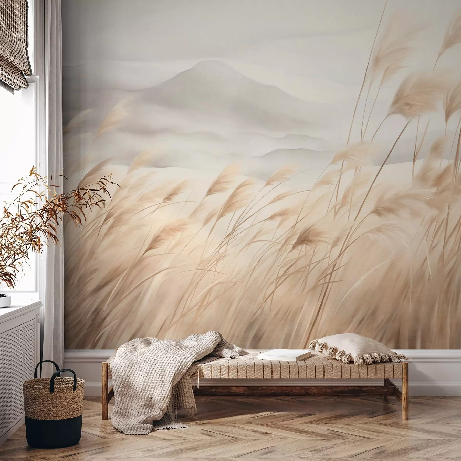 wall murals Textured mountain landscape with tall, dry grass under a hazy sky w09649