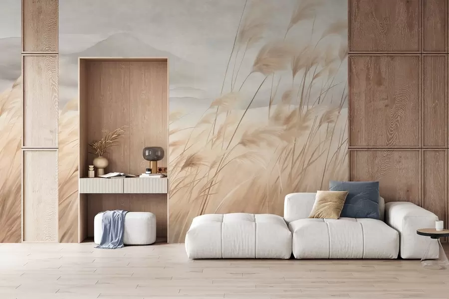 wall murals Textured mountain landscape with tall, dry grass under a hazy sky w09649