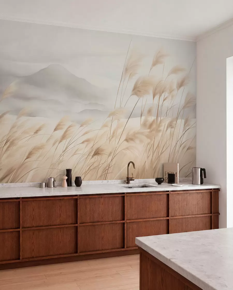 wall murals Textured mountain landscape with tall, dry grass under a hazy sky w09649