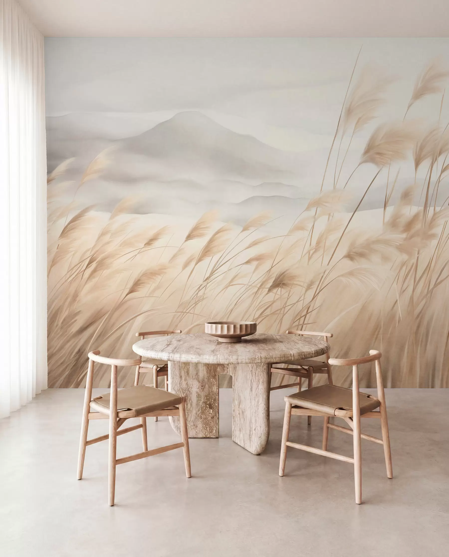 wall murals Textured mountain landscape with tall, dry grass under a hazy sky w09649