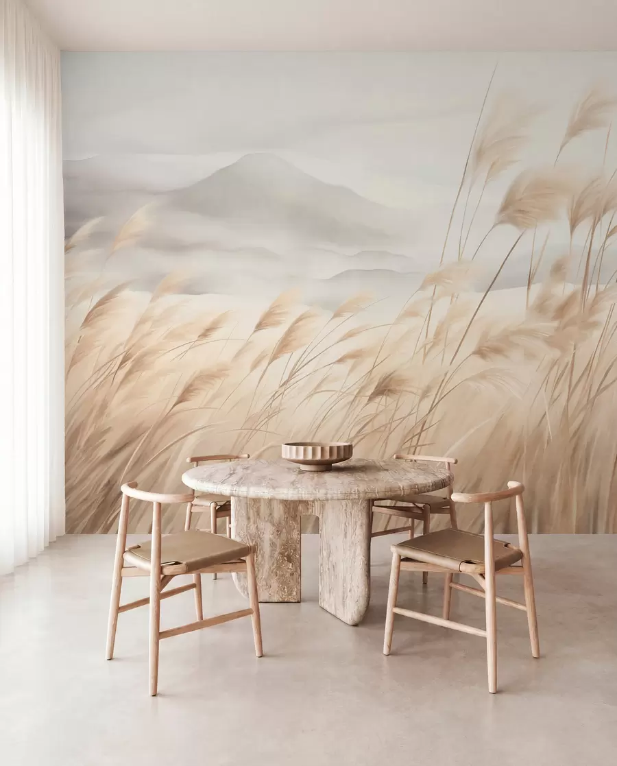 wall murals Textured mountain landscape with tall, dry grass under a hazy sky w09649