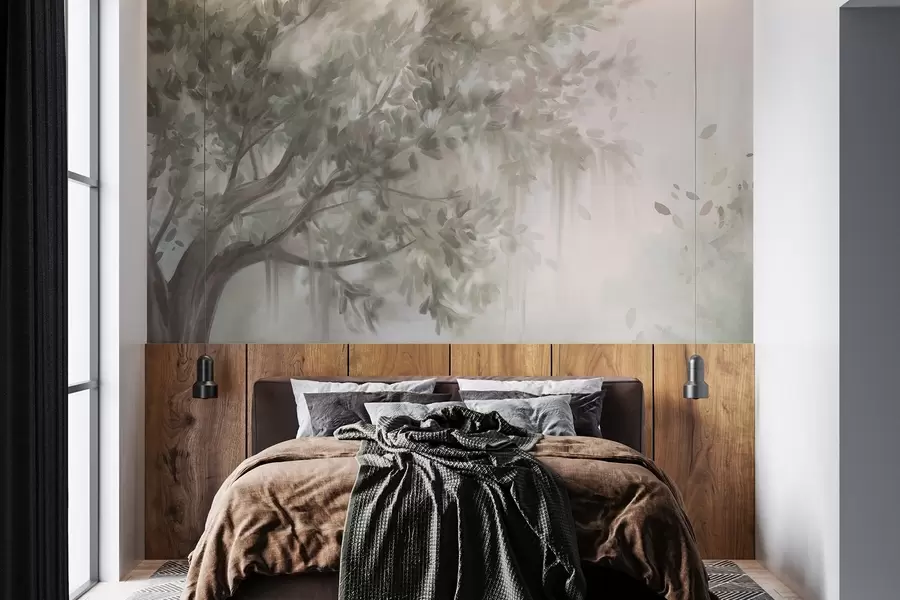 wall murals Textured tree with light green leaves and branches, with a soft, hazy background w09650