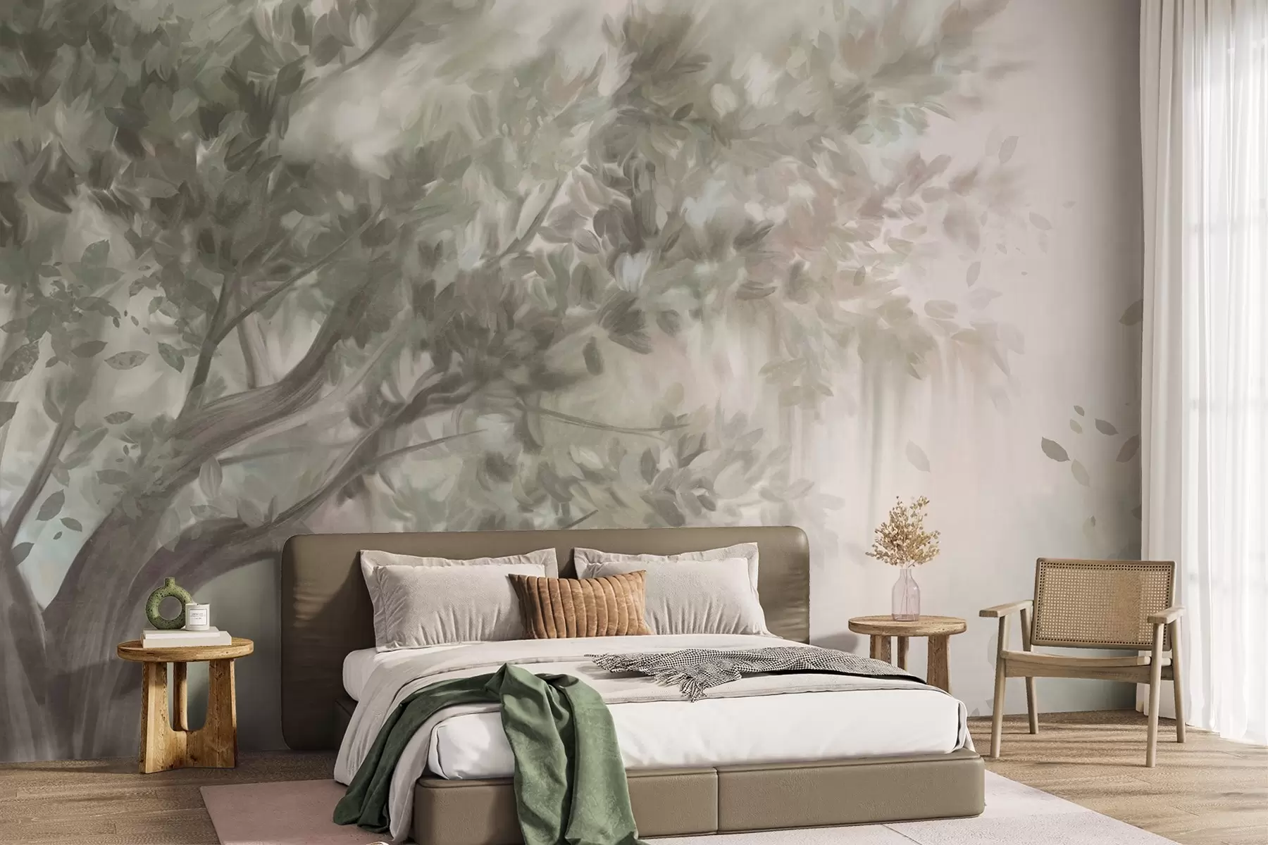 wall murals Textured tree with light green leaves and branches, with a soft, hazy background w09650