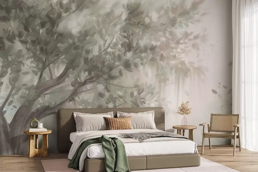 wall murals Textured tree with light green leaves and branches, with a soft, hazy background w09650