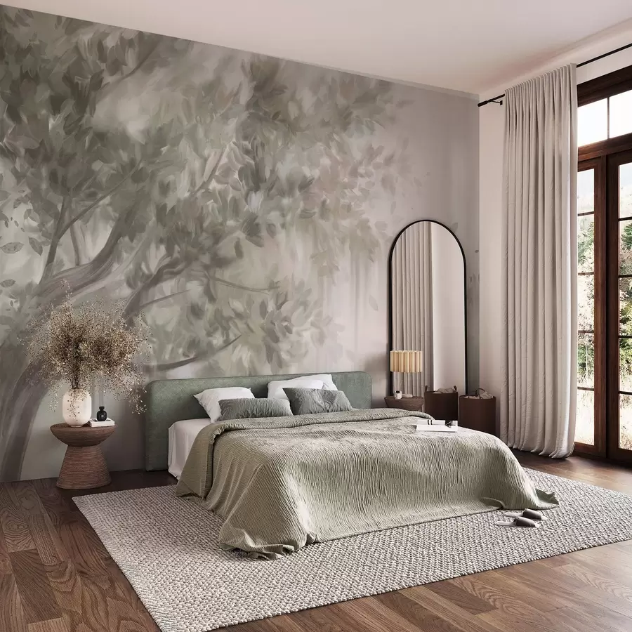 wall murals Textured tree with light green leaves and branches, with a soft, hazy background w09650