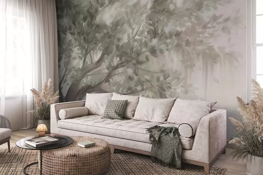 wall murals Textured tree with light green leaves and branches, with a soft, hazy background w09650