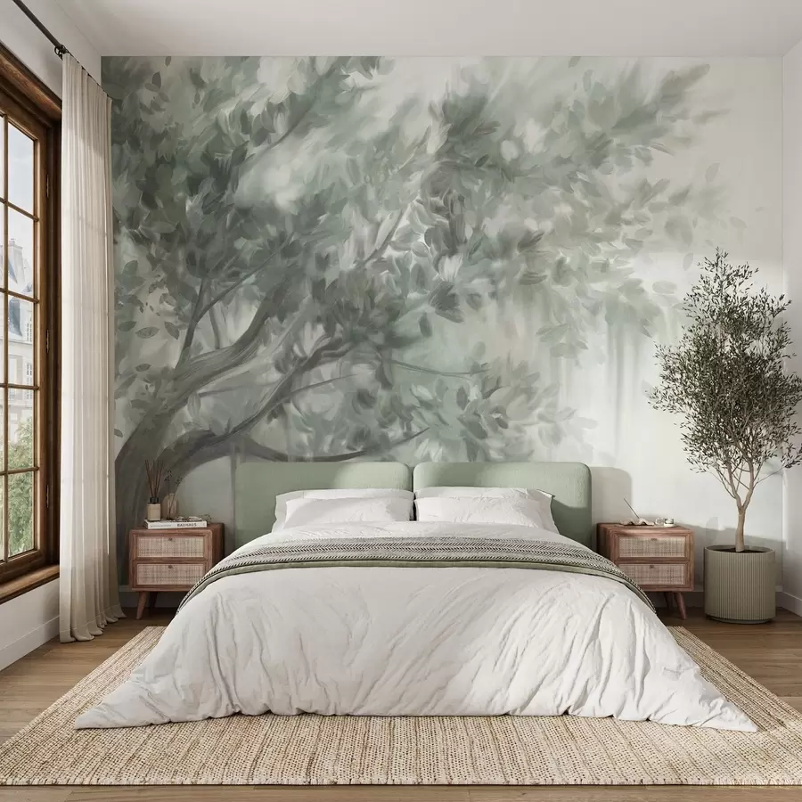 wall murals Textured tree with green leaves and branches, with a soft, hazy background w09650v1