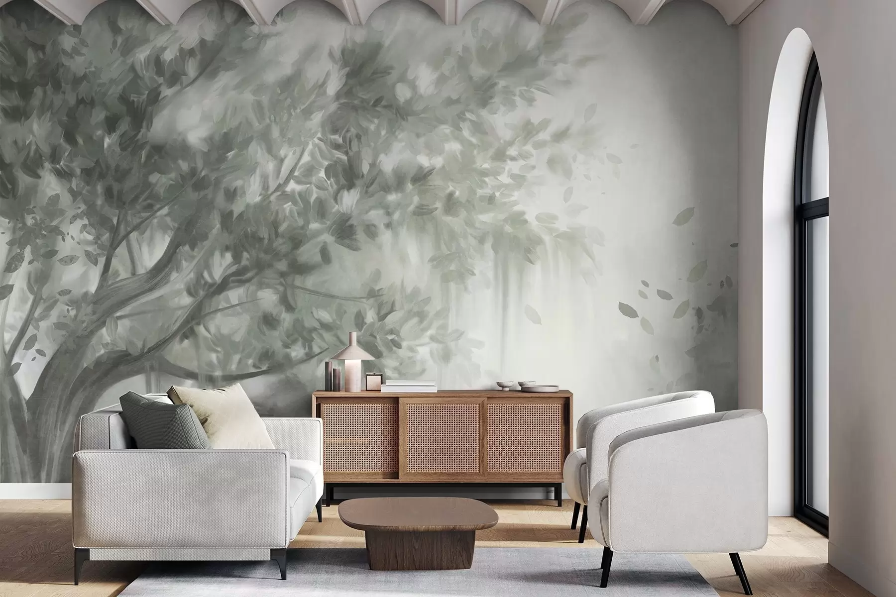 wall murals Textured tree with green leaves and branches, with a soft, hazy background w09650v1