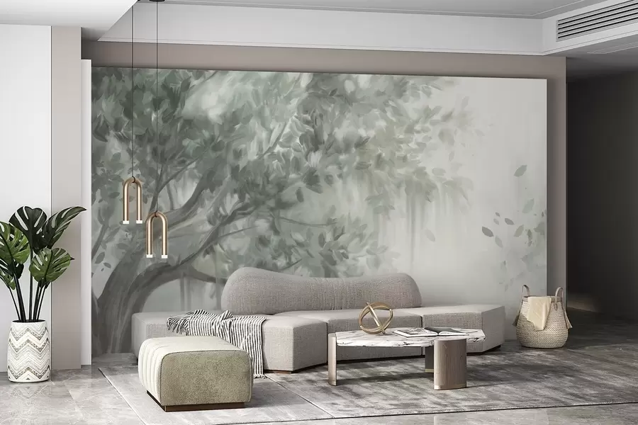 wall murals Textured tree with green leaves and branches, with a soft, hazy background w09650v1