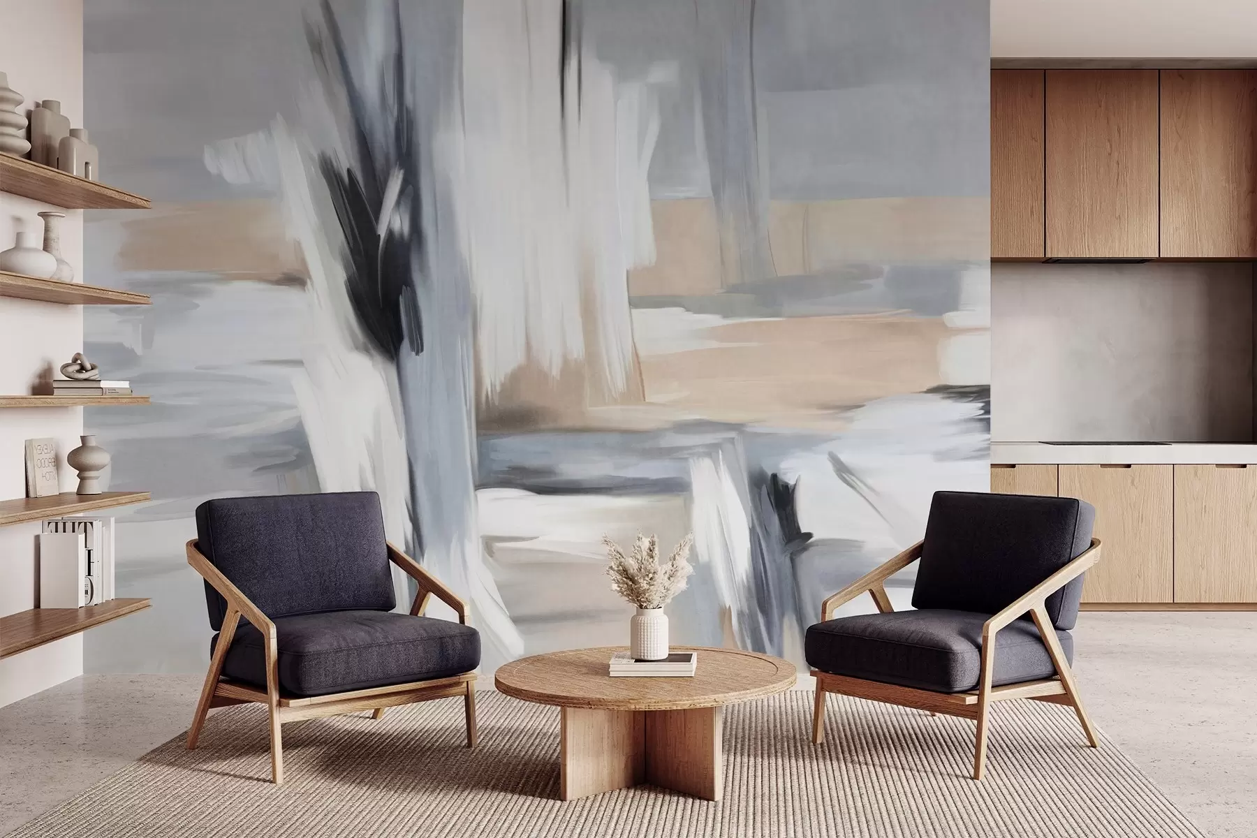 wall murals Abstract textured painting style with brushstrokes in shades of white, gray and beige w09651