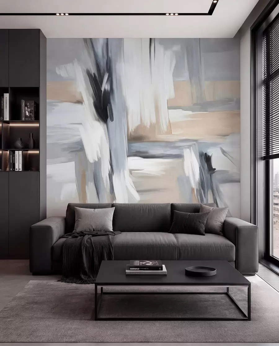 wall murals Abstract textured painting style with brushstrokes in shades of white, gray and beige w09651